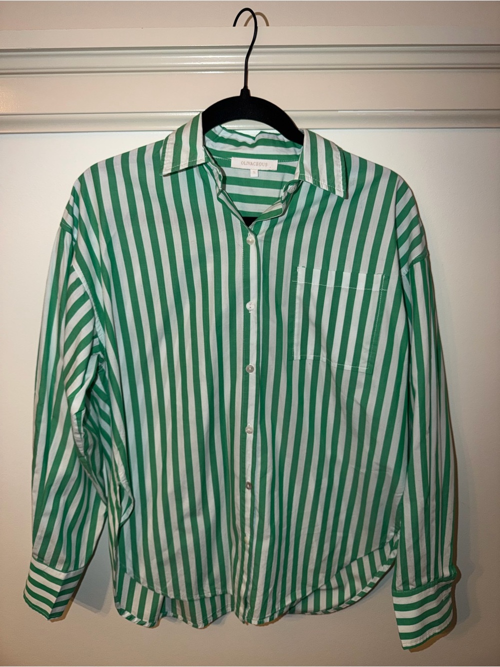 Oliveacious Green and White Striped Long Sleeve Full Length Button Down Size S